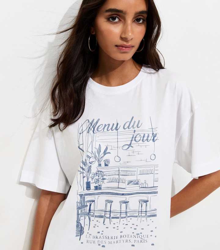 White Cotton Menu du Jour Print Oversized T-Shirt