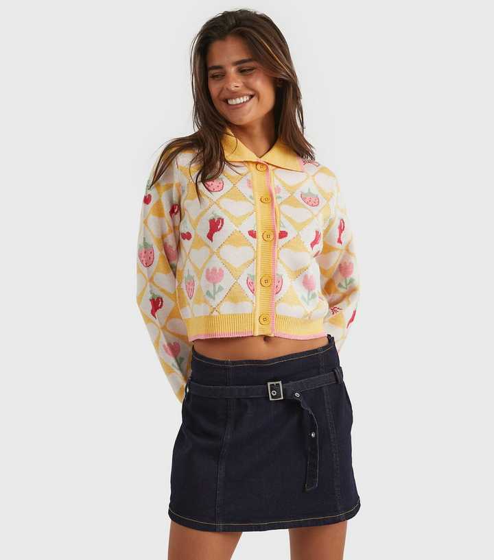 Skinnydip Bright Yellow Floral Diamond Knitted Cardigan