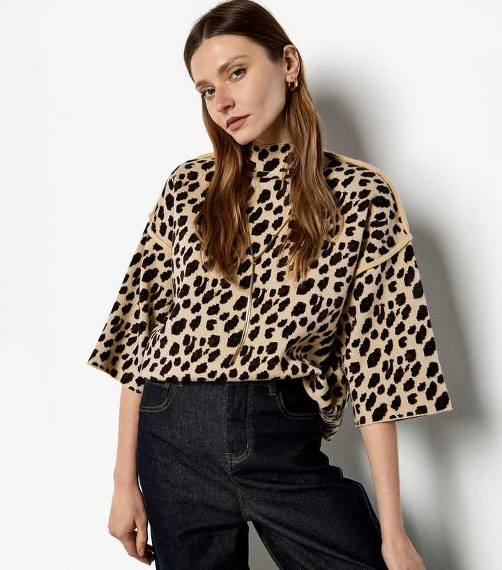 Apricot Brown Animal High Neck Boxy Fit Jumper