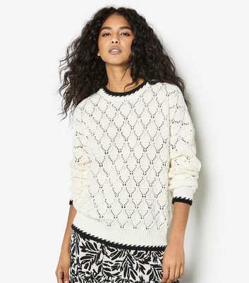 Apricot White Open Knit Blanket Edge Jumper