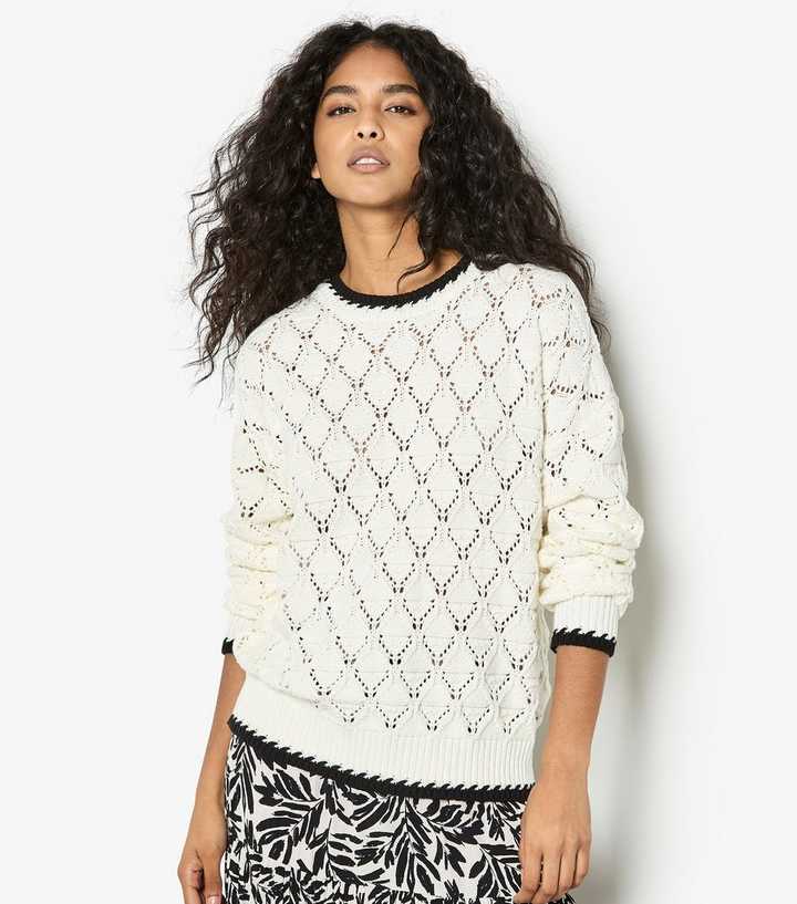 Apricot White Open Knit Blanket Edge Jumper