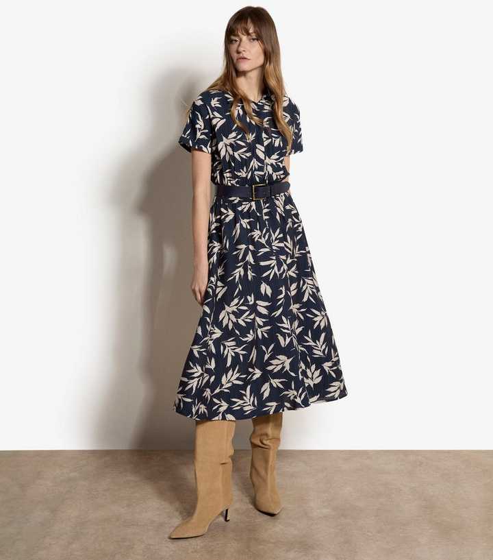 Apricot Navy Textured Leaf Print Midi Dress
