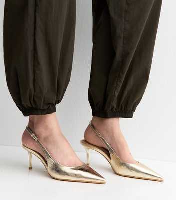 Gold Faux Leather Pointed Toe Slingback Pumps