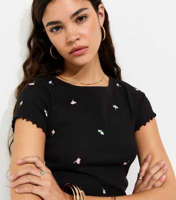 Black Floral Embroidered Short Sleeve T-Shirt