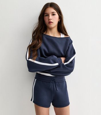 Girls Navy Side Stripe Drawstring Shorts