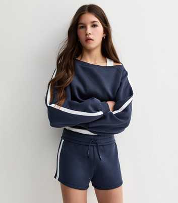 Girls Navy Side Stripe Drawstring Shorts