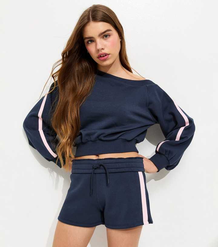 Girls Navy Side Stripe Drawstring Shorts