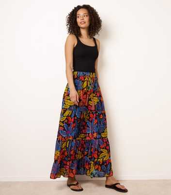 Blue Vanilla Black Leaf Print Tiered Maxi Skirt