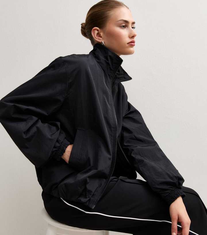 Black Zip Through Funnel Windbreaker Jacket