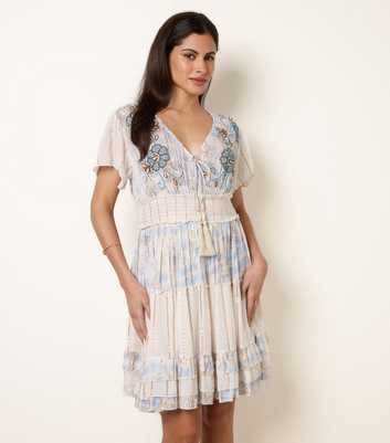 Blue Vanilla Blue Beaded Flower Tiered Mini Dress
