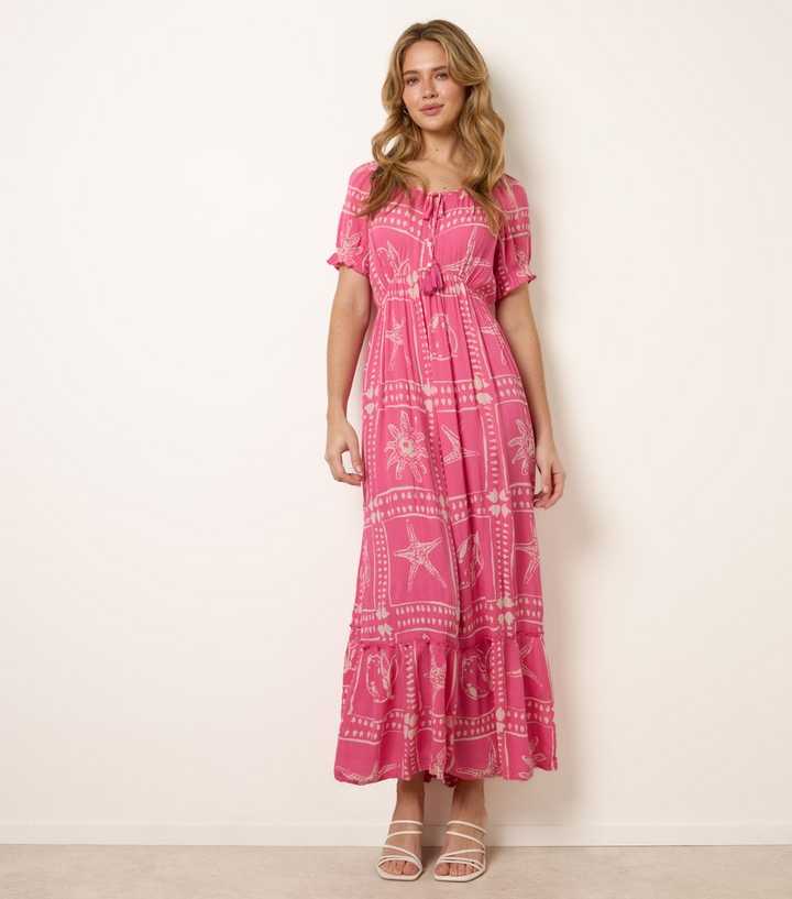 Blue Vanilla Light Pink Starfish Print Tie Front Maxi Dress