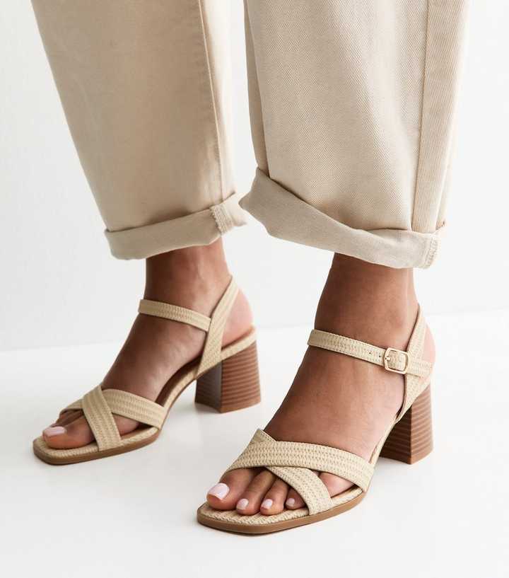 Off White Faux Leather Block Heel Sandals