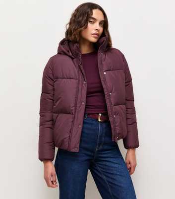 Tall Dark Burgundy Cropped Hooded Puffer Jacket