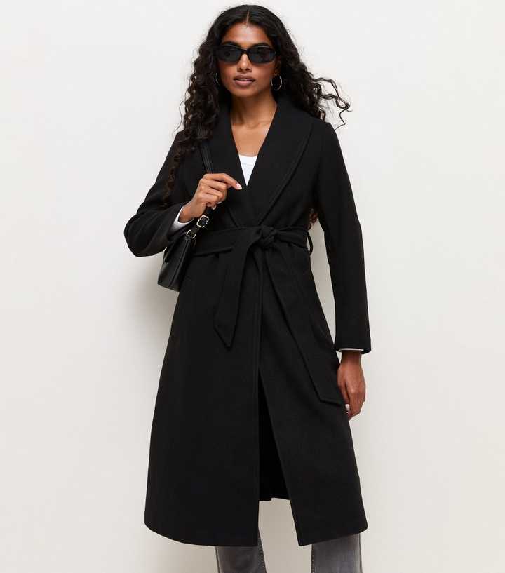 Petite Black Shawl Collar Belted Coat