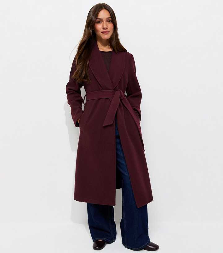 Petite Burgundy Shawl Collar Belted Wrap Coat