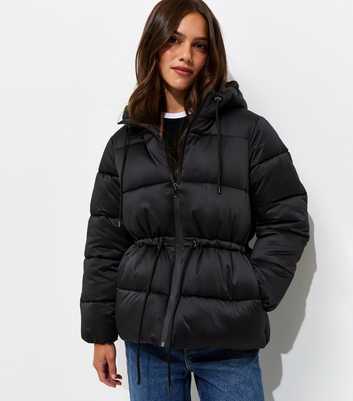 Petite Black Cinched Waist Puffer Jacket