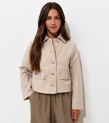 Petite Oatmeal Henley Button Shacket