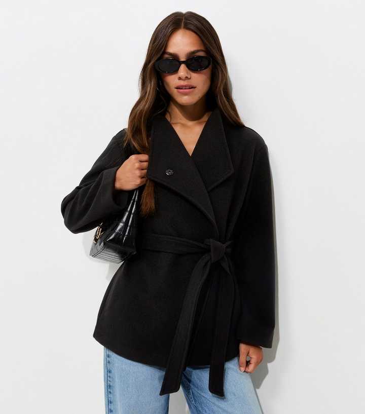 Petite Black Belted High Neck Woven Short Jacket