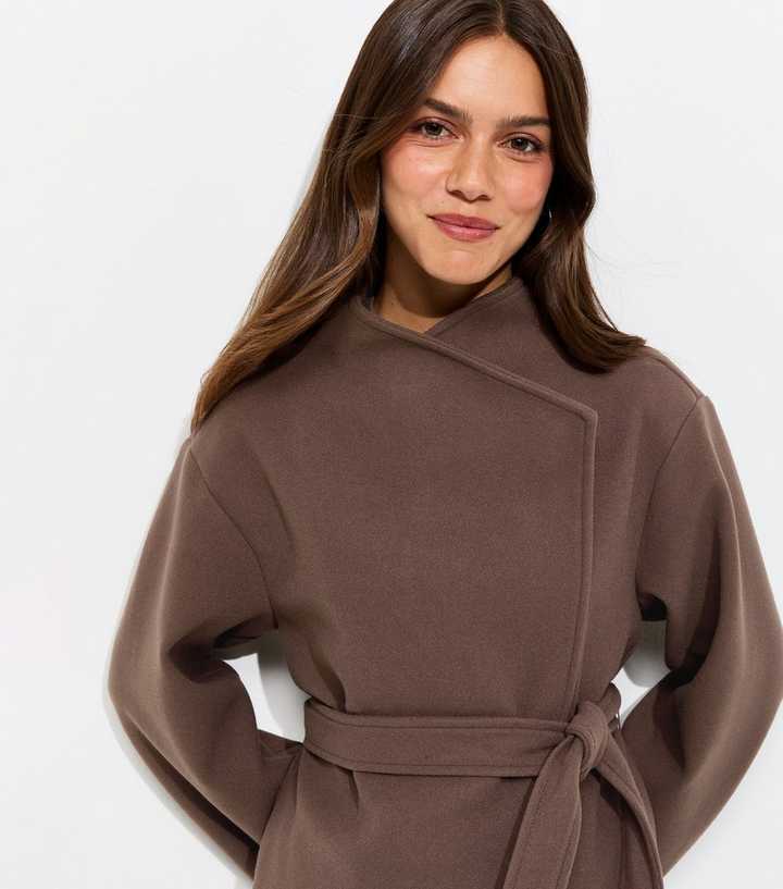 Petite Dark Mink Belted High Collar Jacket