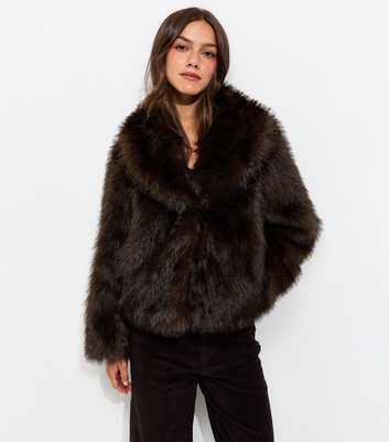 Petite Dark Brown Faux Fur Shawl Collar Jacket