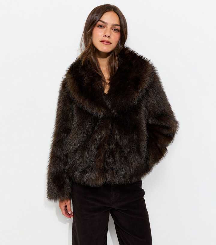 Petite Dark Brown Faux Fur Shawl Collar Jacket