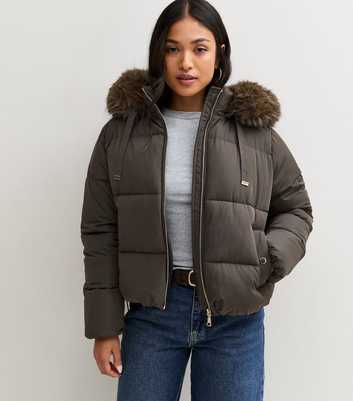 Petite Dark Khaki Faux Fur Trim Hooded Puffer Jacket