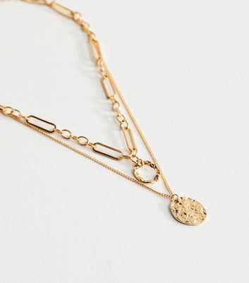 Gold Tone 2 Layer Textured Coin Pendant Necklace