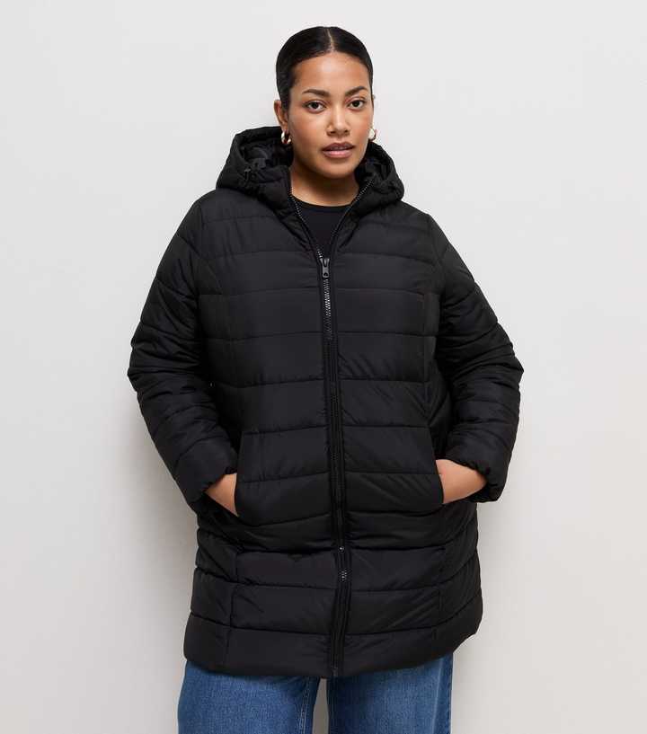 Curves Black Hooded Mid Length Padded Jacket