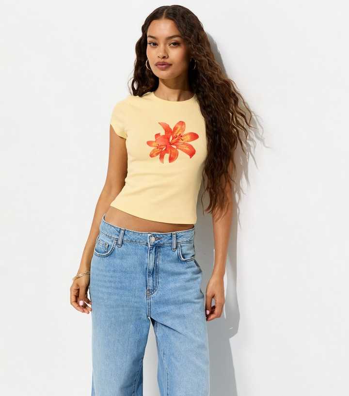 Petite Light Yellow Cotton Rich Tiger Lily Print Baby Tee T-Shirt