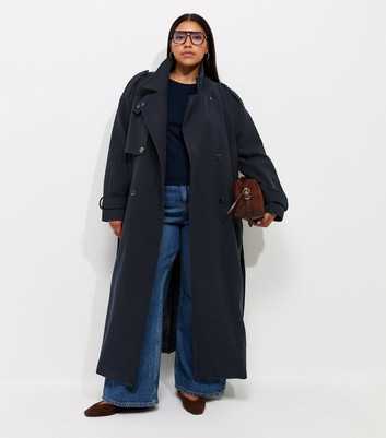 Curves Navy Double Breasted Funnel Neck Trench Coat