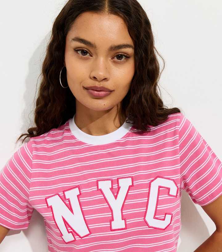 Petite Pink Cotton Striped NYC Relaxed T-Shirt
