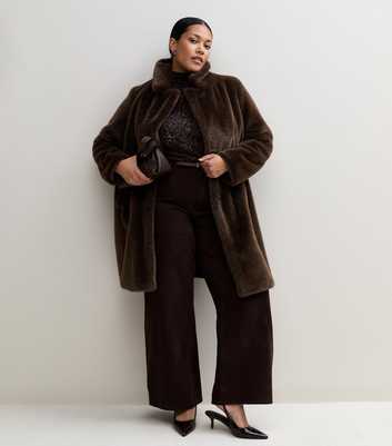 Curves Dark Brown Faux Fur Faux Fur High Collar Coat