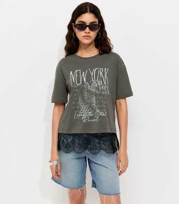 Grey New York Leopard Print Lace Trim T-Shirt