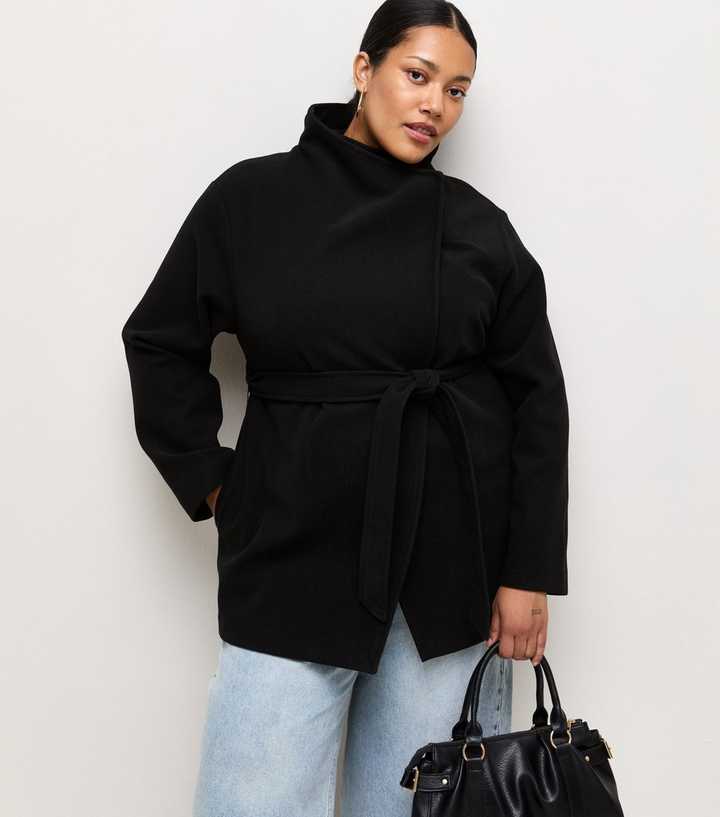 Curves Black Woven Funnel Neck Belted Jacket