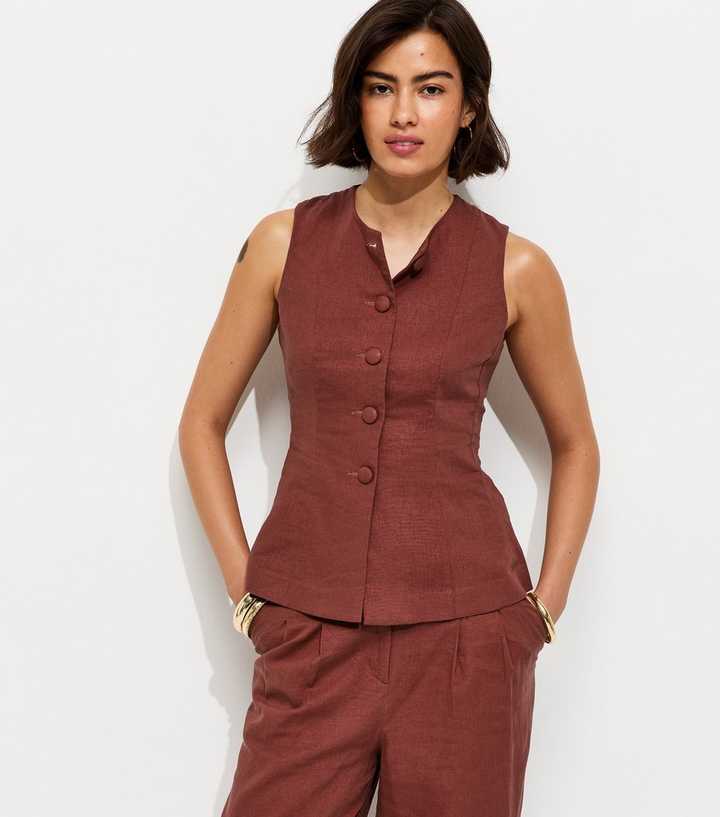 Dark Red Linen Rich Button Through Peplum Waistcoat