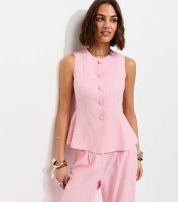 Light Pink Linen Rich Button Through Peplum Waistcoat