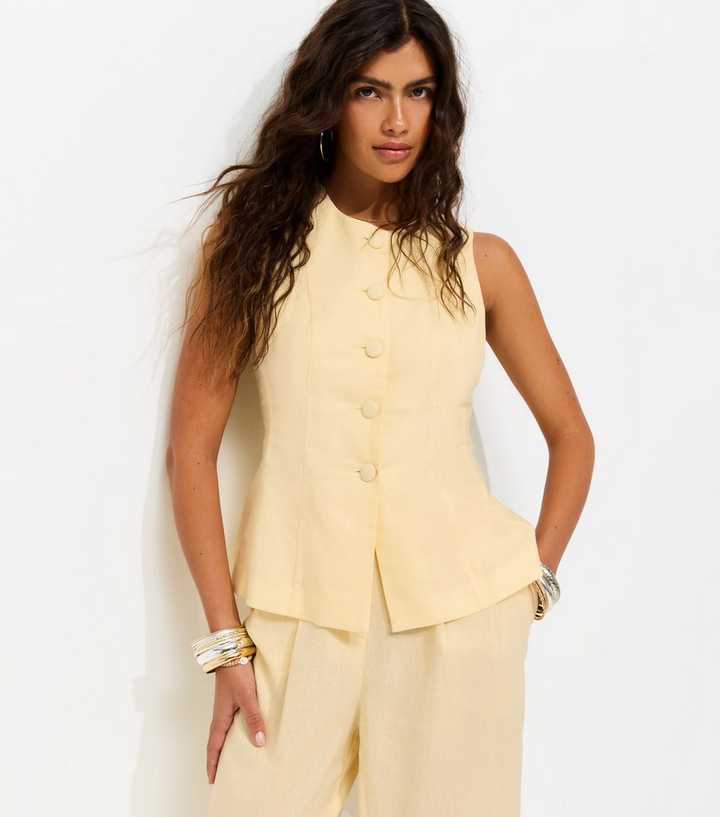 Light Yellow Linen Rich Button Through Peplum Waistcoat