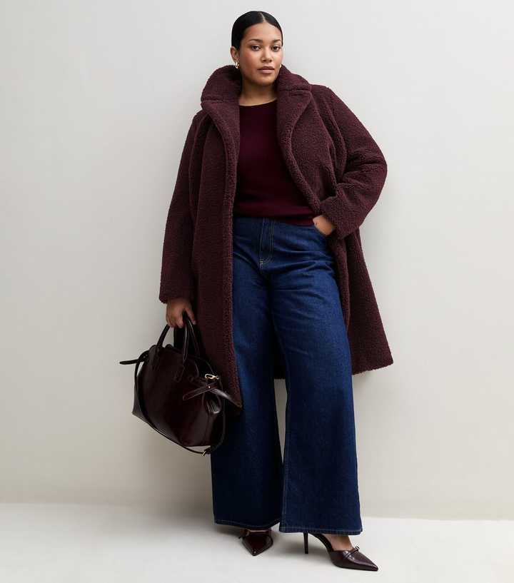 Curves Dark Burgundy Borg Texture Midi Coat