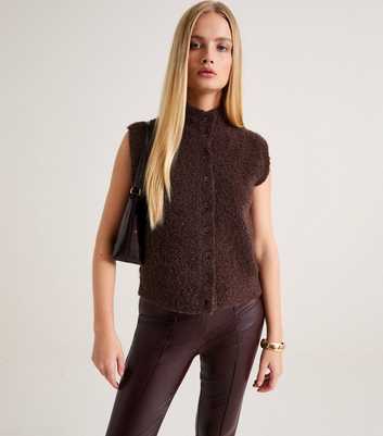 Premium Dark Brown Boucle Knit Funnel Neck Waistcoat