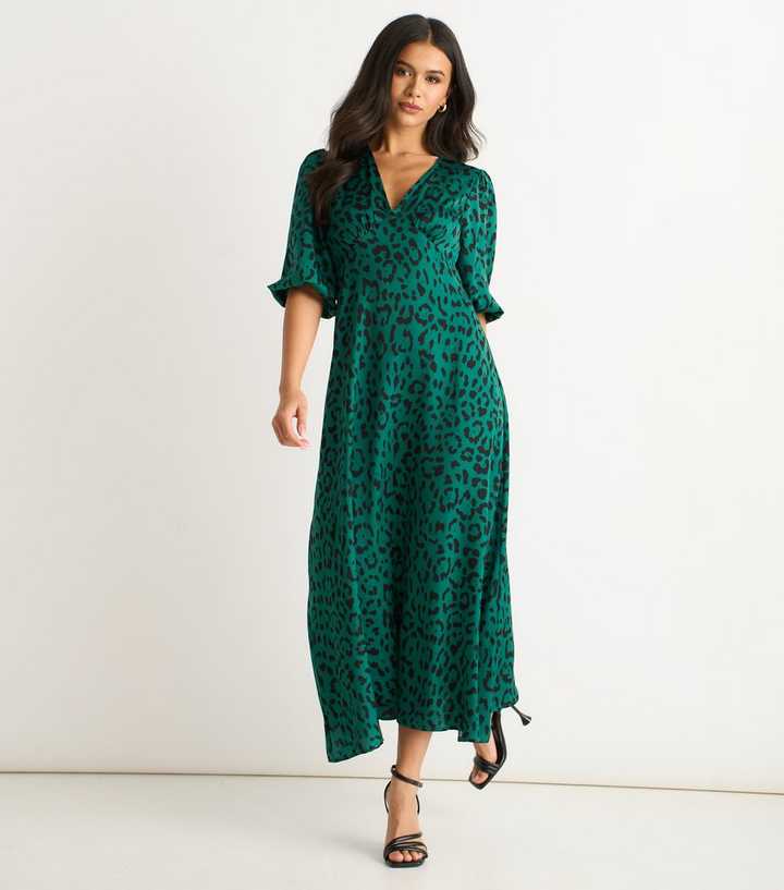 dark green animal print dress Petite Green Leopard Print High Neck Dress  Ro&Zo