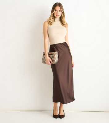 Gini London Brown Satin Midi Skirt