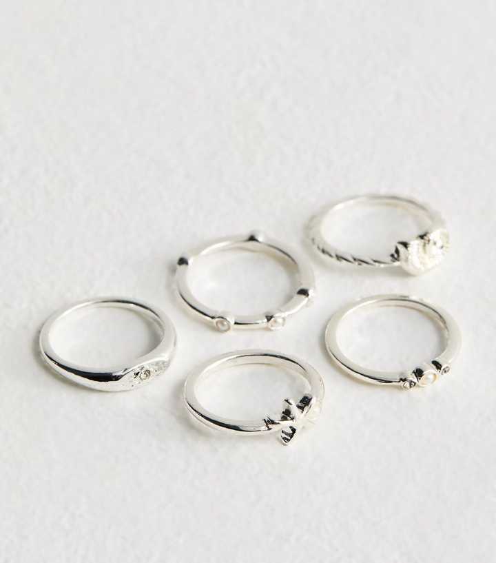 Pack of 5 Silver Tone Faux Pearl and Diamant?� Rings