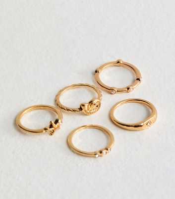 Pack of 5 Gold Tone Faux Pearl and Diamanté Rings
