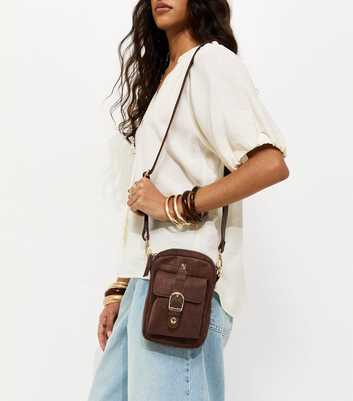 Dark Brown Croc Embossed Buckle Phone Bag