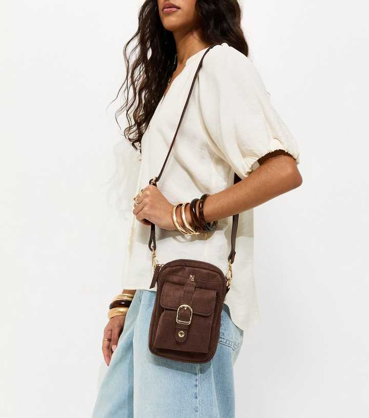 Dark Brown Croc Embossed Buckle Phone Bag