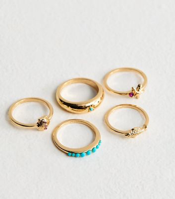 Pack of 5 Gold Tone Beach Charm Rings