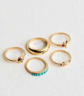 Pack of 5 Gold Tone Beach Charm Rings