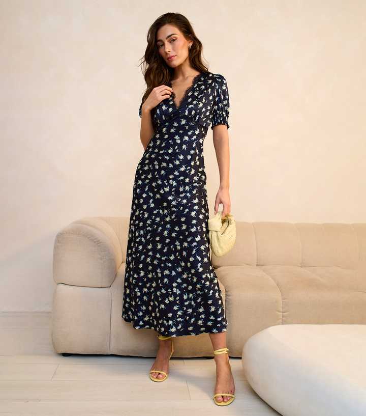 Gini London Navy Floral Midi Dress 