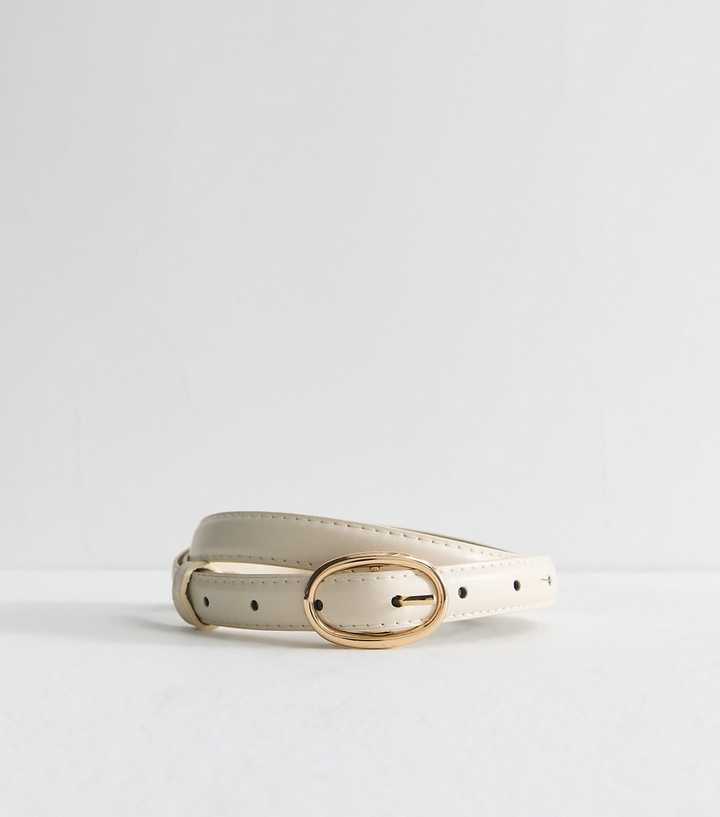 Cream Faux Leather Oval Buckle Skinny Belt