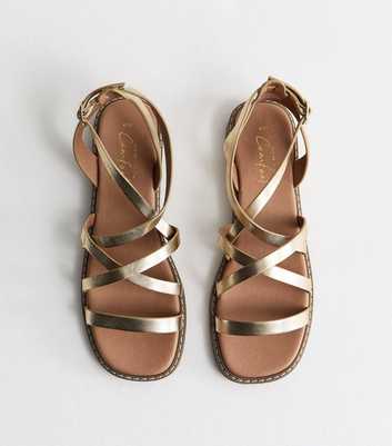 Gold Faux Leather Multi Strap Flat Sandals